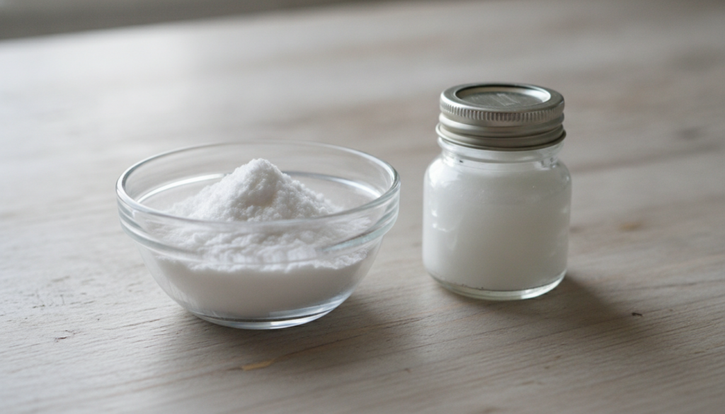 Ingredients for DIY teeth whitening baking soda coconut oil and a small bowl with a spoon