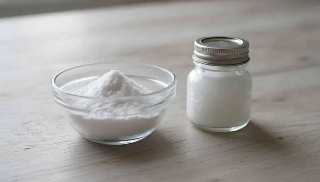 Ingredients for DIY teeth whitening baking soda coconut oil and a small bowl with a spoon