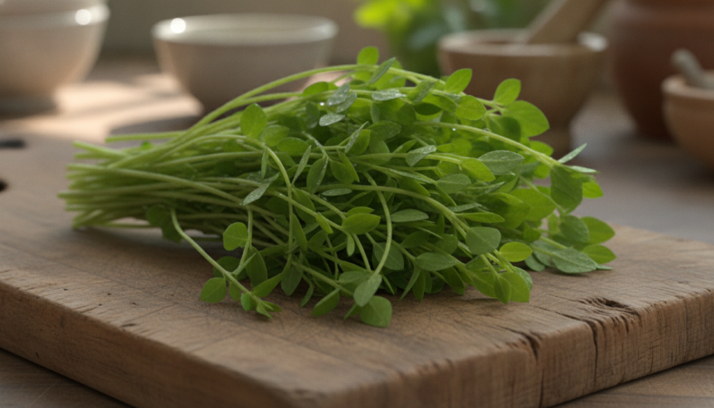 Close-up of freshly harvested Asthma Weed leaves and stems ready for preparation lying on a wooden cutting board