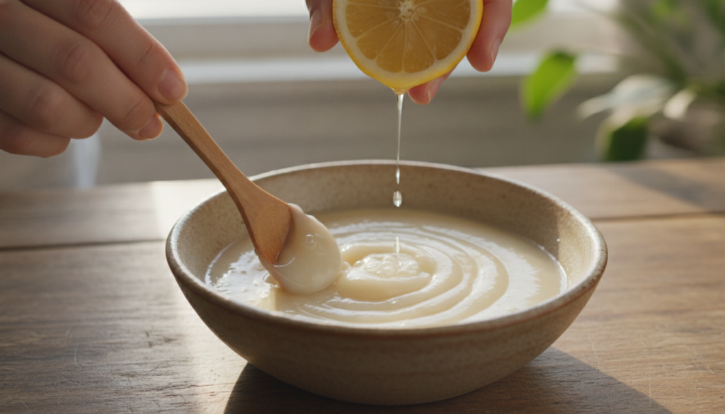 Hands mixing lemon juice aloe vera gel and rice flour in a small bowl to create a smooth paste for a DIY beauty remedy