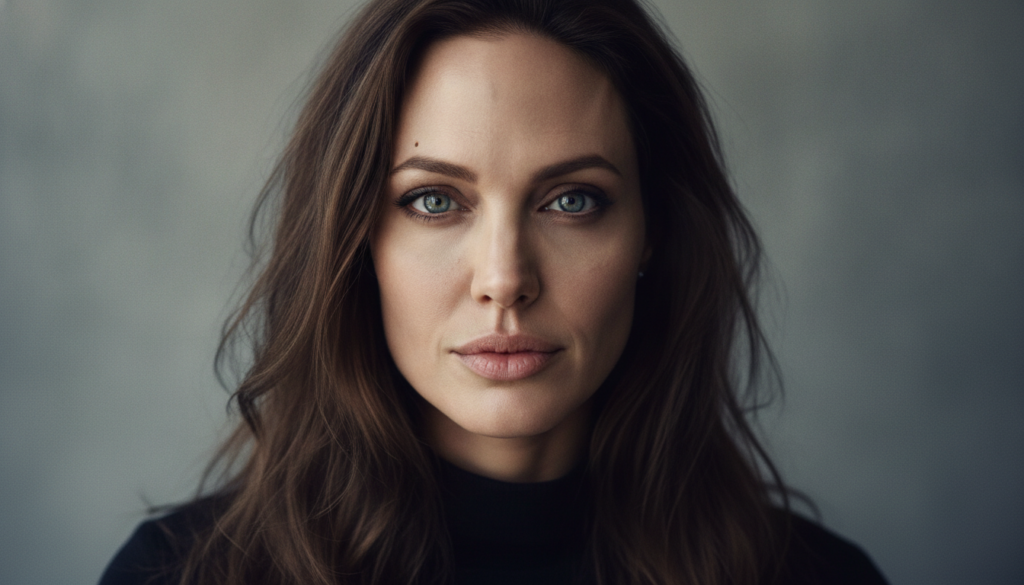 A striking portrait of Angelina Jolie looking directly at the viewer with a captivating and intense gaze perhaps with a 