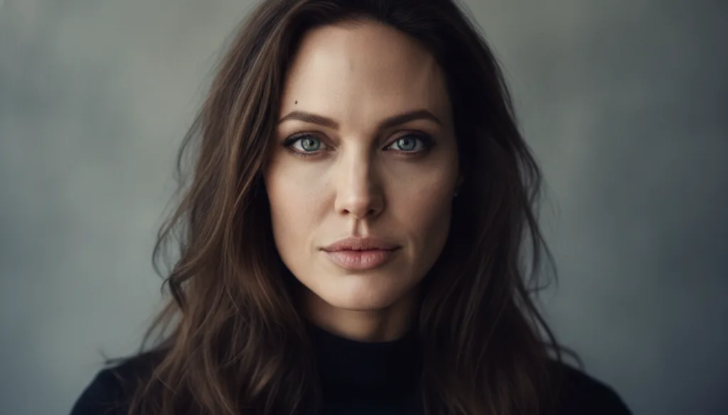 A striking portrait of Angelina Jolie looking directly at the viewer with a captivating and intense gaze perhaps with a 