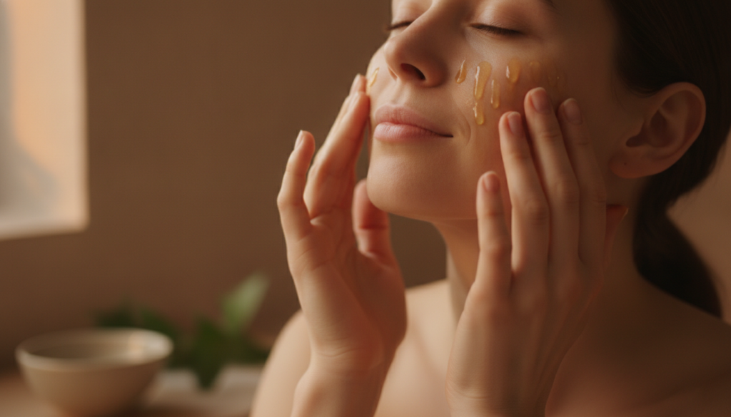 A person gently massaging a few drops of oil onto their face and neck with their fingertips during an evening skincare r