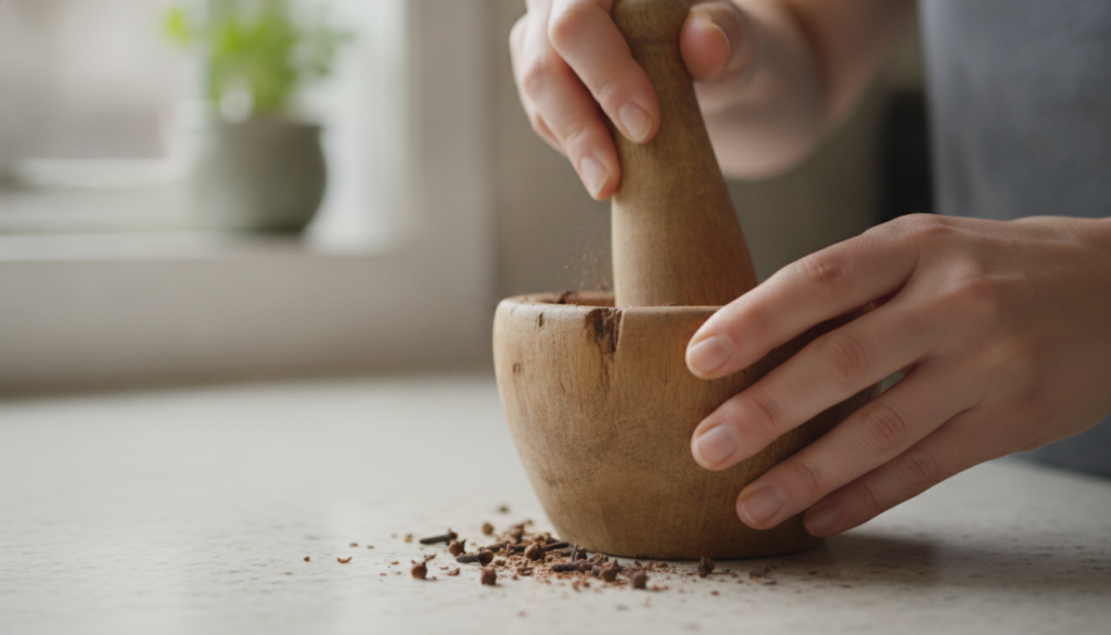 A person gently crushing whole cloves with a mortar and pestle preparing them for infusion into an oil