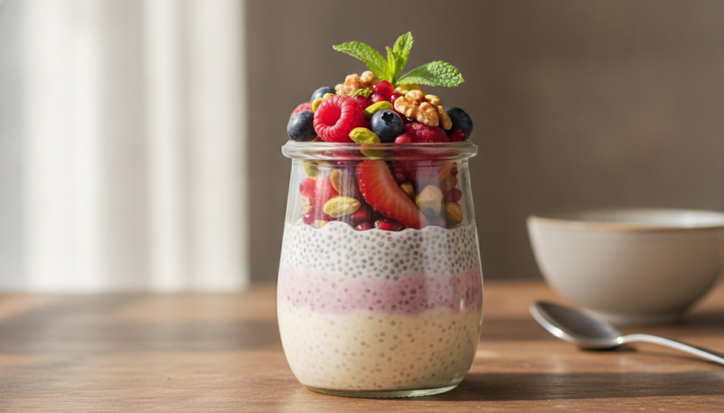 A beautiful layered chia seed pudding in a glass jar topped with fresh berries and nuts ready to eat The pudding has a t