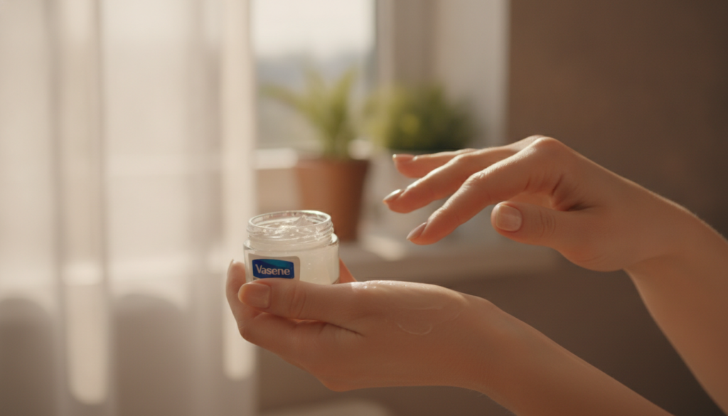 A woman applying a thin layer of Vaseline to her hands after a potential lemon treatment showcasing soft and hydrated sk