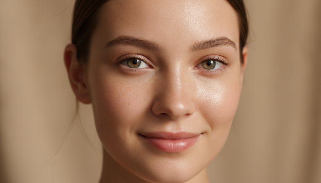 A close-up of a person s glowing hydrated face showcasing smooth skin possibly with a subtle dewy finish on the cheekbon