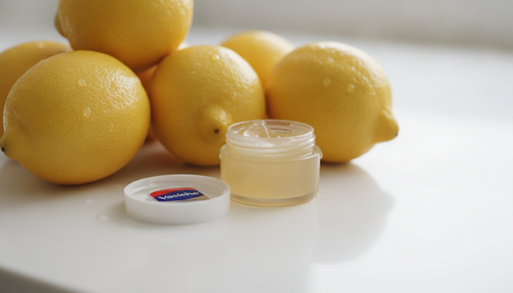 Close-up of fresh lemons and a small container of Vaseline on a clean light surface ready for a beauty DIY