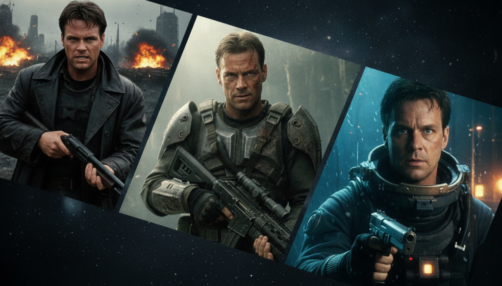 A collage featuring Michael Biehn in his iconic roles as Kyle Reese from The Terminator Corporal Hicks from Aliens and L
