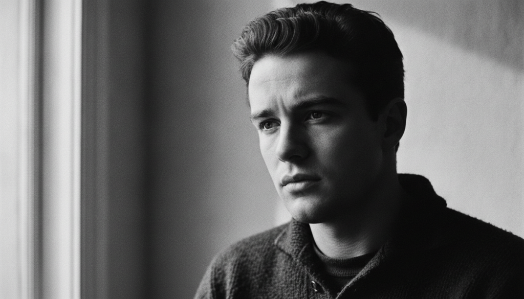 A striking portrait of Marlon Brando in his prime with an intense and thoughtful expression possibly from one of his ico