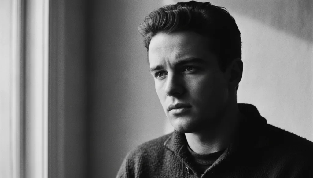 A striking portrait of Marlon Brando in his prime with an intense and thoughtful expression possibly from one of his ico