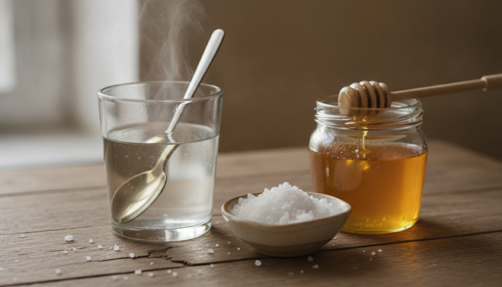 A close-up of a glass of warm water with a spoon a small bowl of sea salt and a jar of honey arranged on a rustic wooden