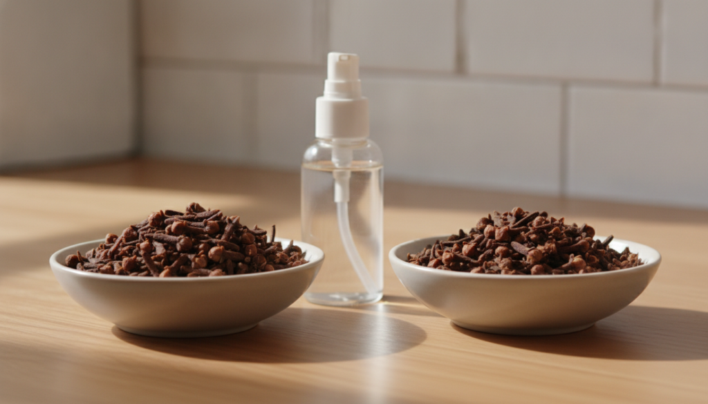 Separate bowls of whole dried cloves and a small bottle of baby oil on a clean light-colored kitchen counter or wooden s
