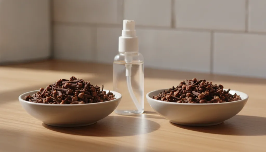 Separate bowls of whole dried cloves and a small bottle of baby oil on a clean light-colored kitchen counter or wooden s