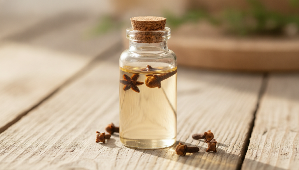 A small clear glass bottle filled with a light amber oil containing a few whole cloves placed on a natural wood surface 