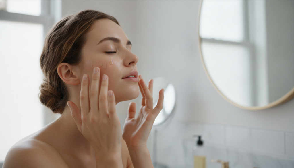 A woman gently massaging a few drops of oil onto her clean face with her fingertips in a well-lit bathroom demonstrating