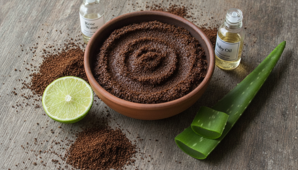 A close-up shot of a small bowl containing a homemade coffee face mask mixture The mixture is dark brown from the coffee