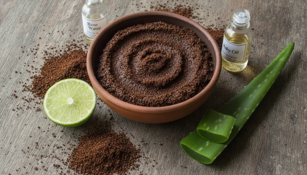 A close-up shot of a small bowl containing a homemade coffee face mask mixture The mixture is dark brown from the coffee