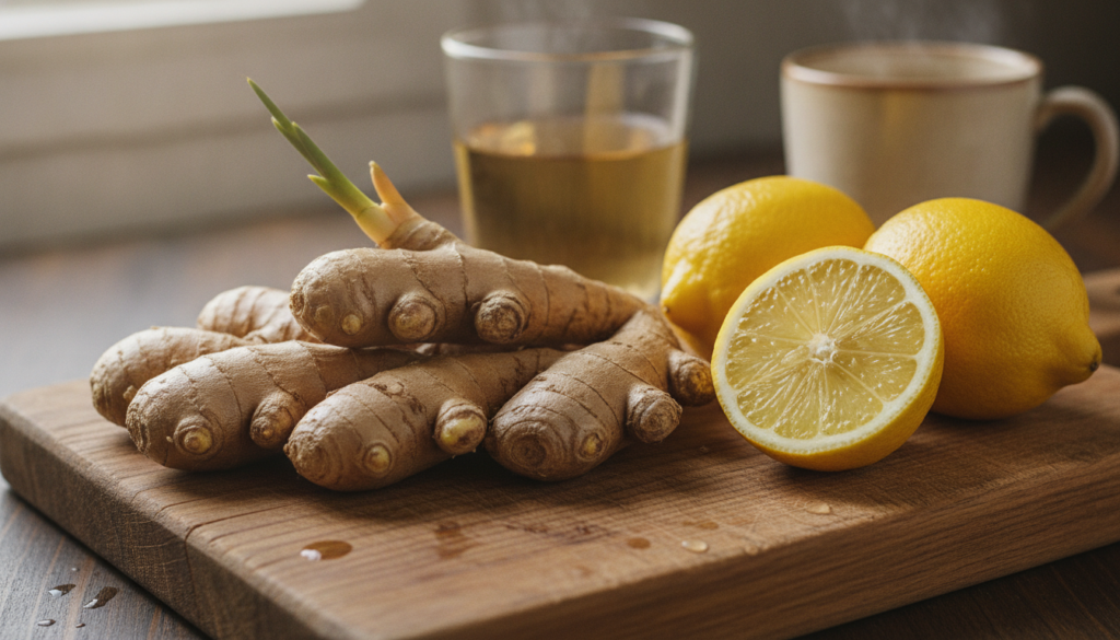 A close-up of fresh ginger root and bright yellow lemons on a rustic wooden cutting board with a glass of warm water in 