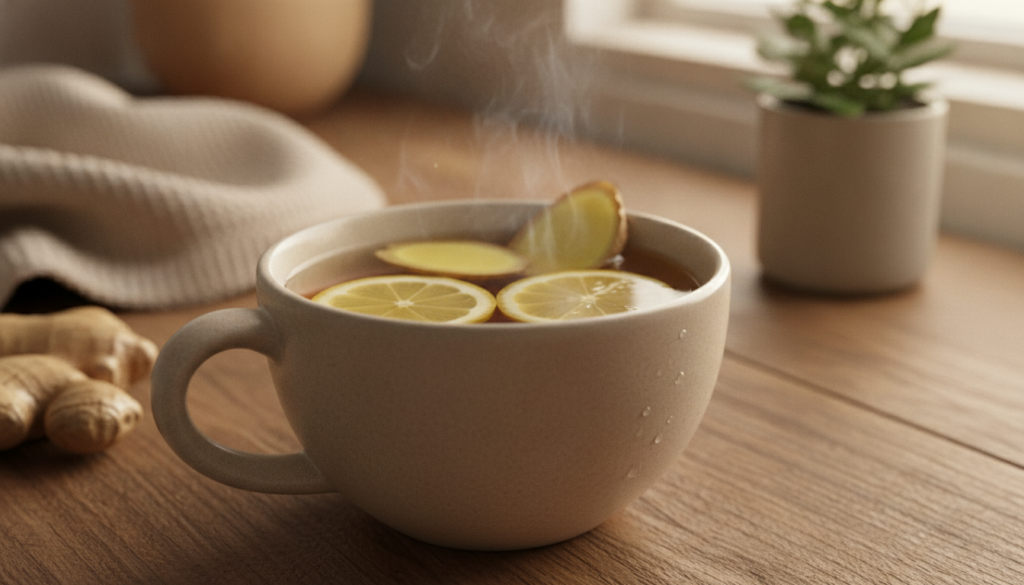 A close-up of a steaming mug of ginger-lemon tea with slices of fresh ginger and lemon floating in it on a cozy kitchen 