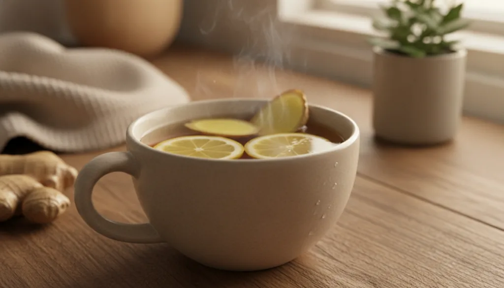 A close-up of a steaming mug of ginger-lemon tea with slices of fresh ginger and lemon floating in it on a cozy kitchen 