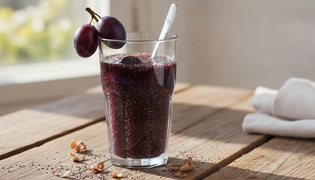 A refreshing glass of prune juice with swollen chia seeds garnished with a couple of fresh prunes and a spoon on a rusti
