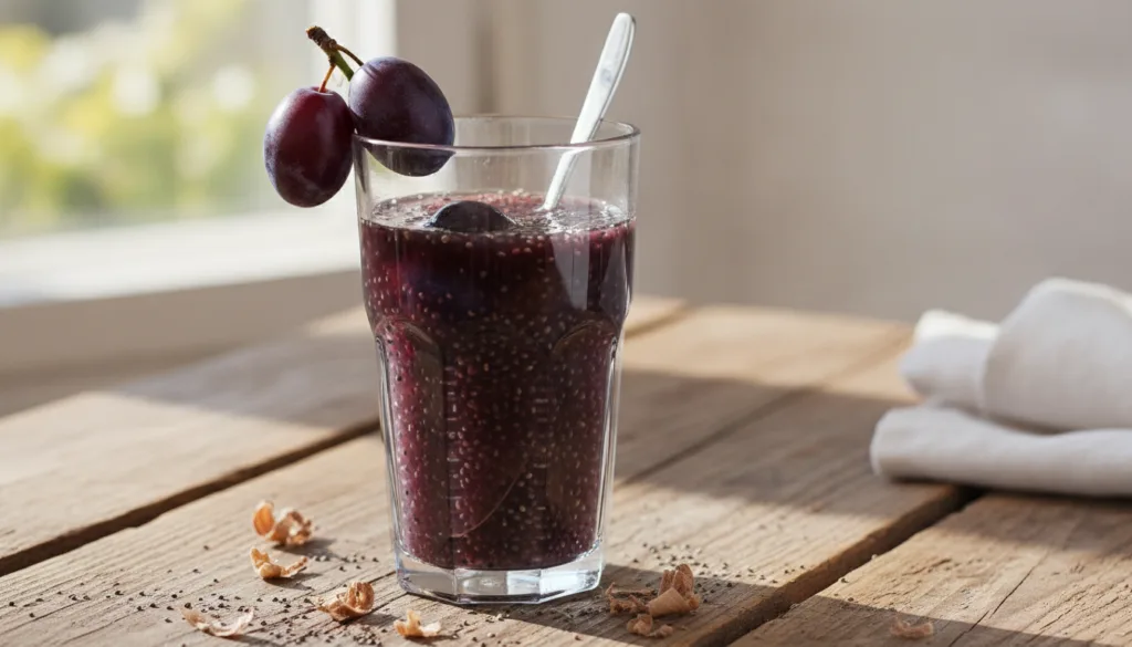 A refreshing glass of prune juice with swollen chia seeds garnished with a couple of fresh prunes and a spoon on a rusti