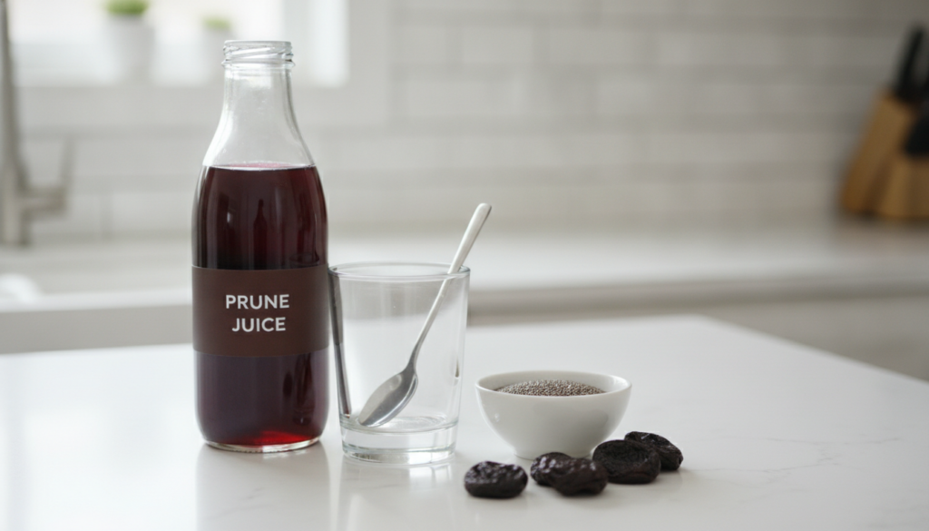 Ingredients for prune juice and chia seed drink laid out a bottle of prune juice a small bowl of chia seeds a glass and
