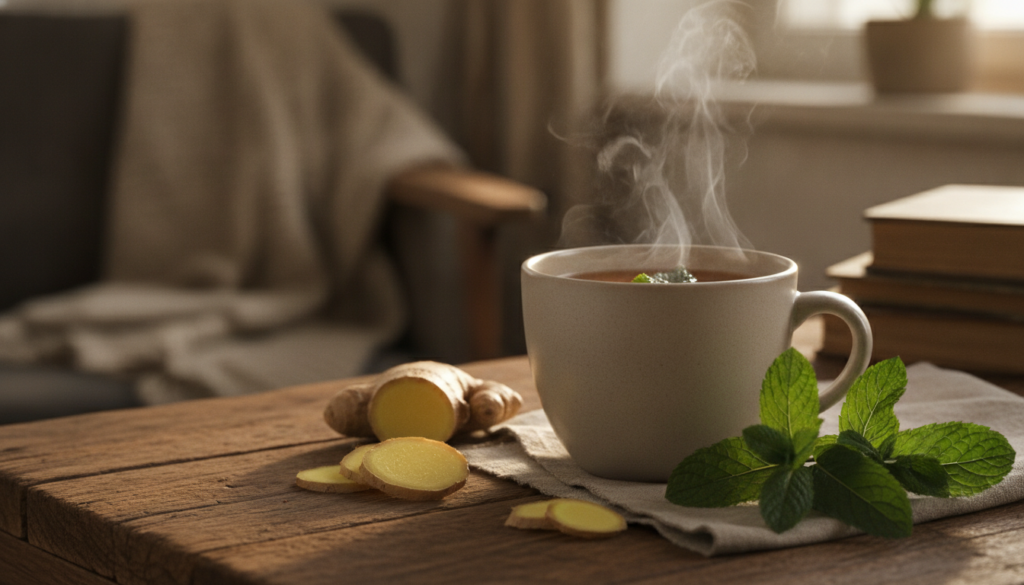 A warm mug of ginger and peppermint tea with fresh ginger slices and mint leaves scattered on a wooden table beside it T