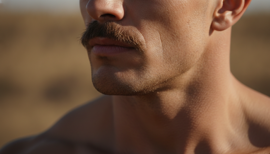 A tightly zoomed-in slightly blurry image of a muscular man s jawline and chin suggesting strength and intensity with a 