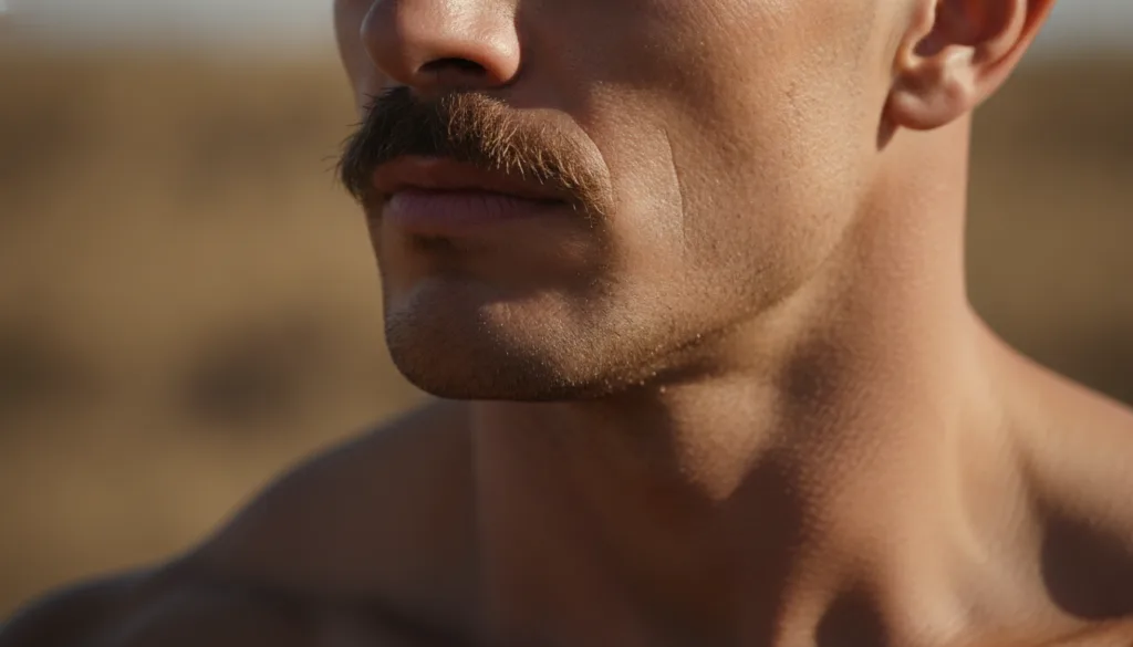 A tightly zoomed-in slightly blurry image of a muscular man s jawline and chin suggesting strength and intensity with a 