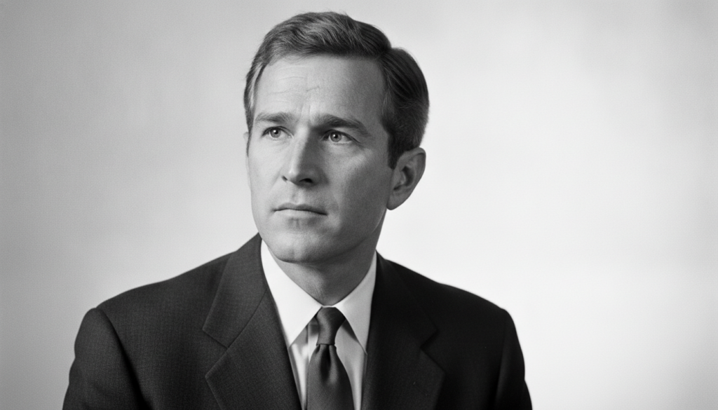 A black and white or sepia-toned portrait of a young George W Bush looking thoughtful or determined fitting the descript