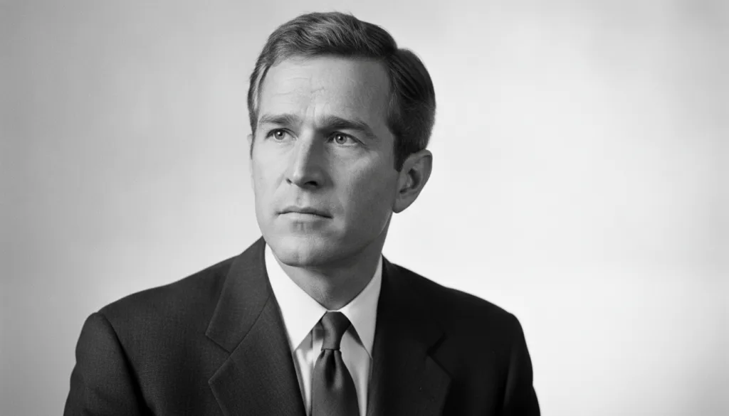 A black and white or sepia-toned portrait of a young George W Bush looking thoughtful or determined fitting the descript