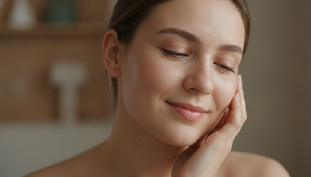 A serene image of a woman gently touching her smooth radiant cheek with a soft glow to her skin implying positive result