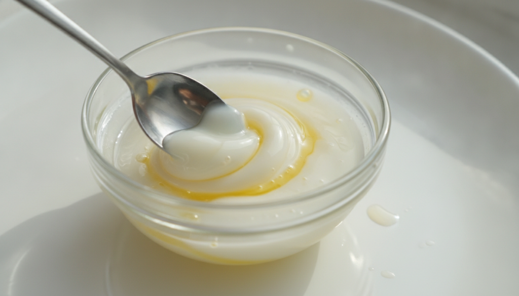 A close-up shot of a small bowl where fresh lemon juice and petroleum jelly are being mixed together to form a smooth pa