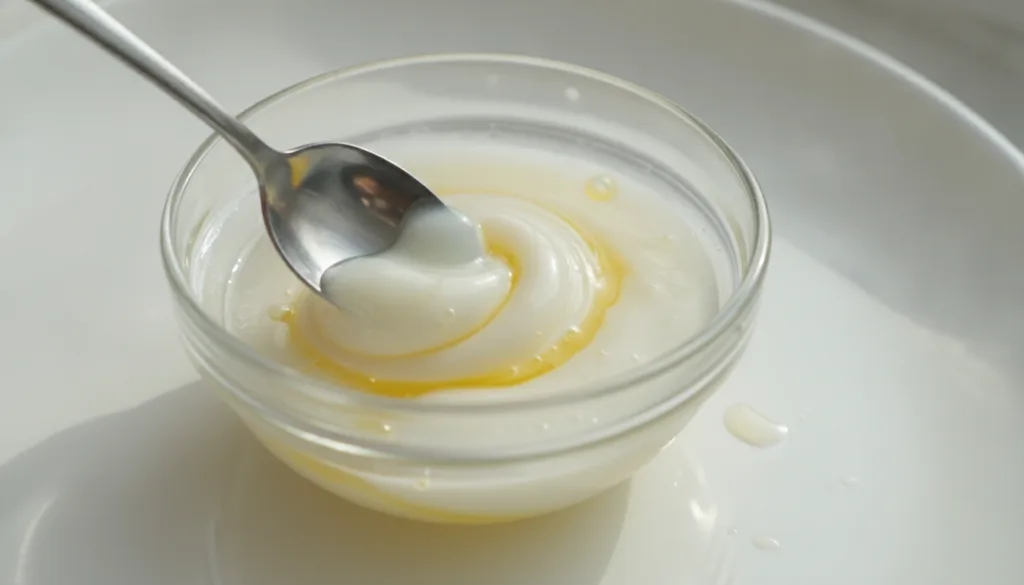 A close-up shot of a small bowl where fresh lemon juice and petroleum jelly are being mixed together to form a smooth pa