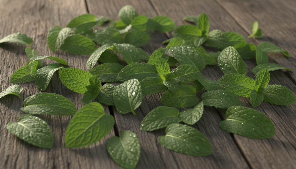Fresh peppermint leaves on a rustic wooden surface with some water droplets looking vibrant and fresh
