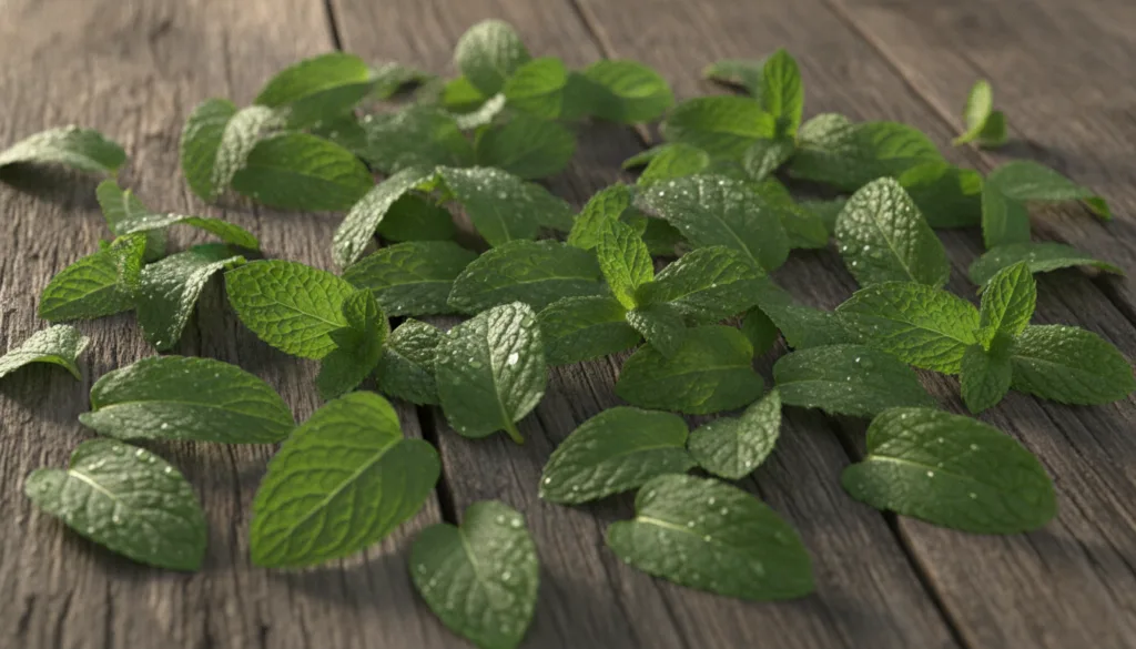 Fresh peppermint leaves on a rustic wooden surface with some water droplets looking vibrant and fresh