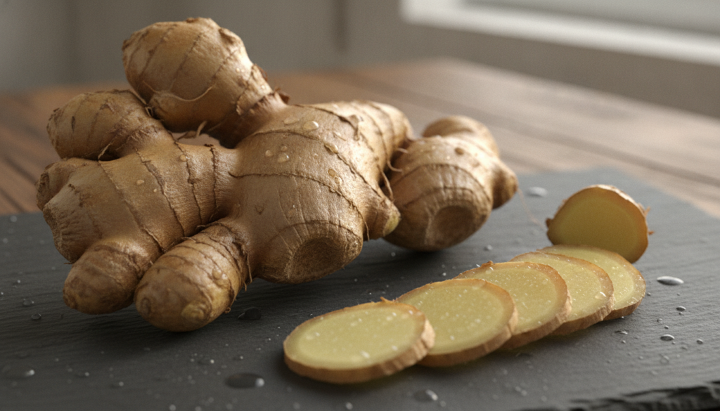 A close-up of fresh ginger root showing its fibrous texture and golden color perhaps with some sliced pieces next to it