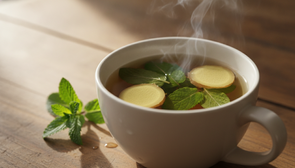 A close-up shot of a steaming mug of ginger and peppermint tea with fresh ginger slices and mint leaves visible The sett