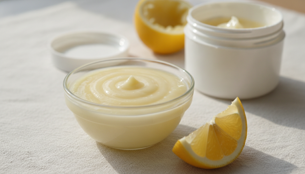 A small bowl with a mixture of lemon juice and petroleum jelly with a fresh lemon wedge and an open jar of petroleum jel