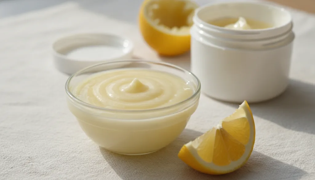 A small bowl with a mixture of lemon juice and petroleum jelly with a fresh lemon wedge and an open jar of petroleum jel