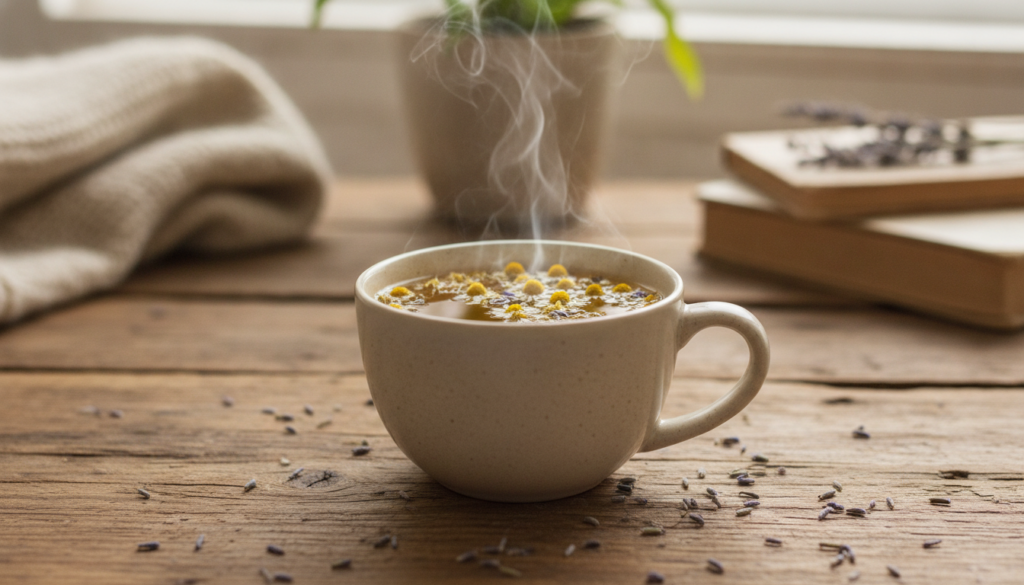A steaming cup of chamomile and lavender tea on a bedside table in a cozy dimly lit bedroom with a book and soft blanket