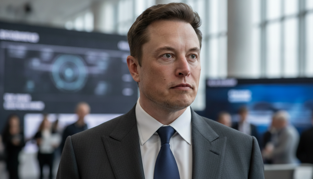 A modern professional portrait of Elon Musk looking determined and visionary possibly in a business setting or against a