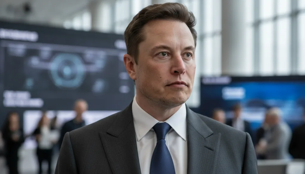 A modern professional portrait of Elon Musk looking determined and visionary possibly in a business setting or against a