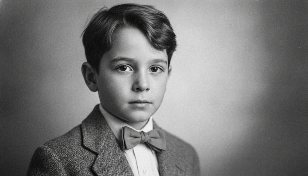 A black and white photograph of a young boy around 7-10 years old with short hair and a focused perhaps slightly serious
