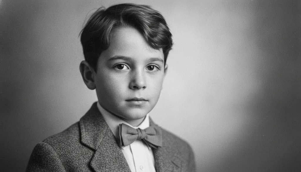A black and white photograph of a young boy around 7-10 years old with short hair and a focused perhaps slightly serious