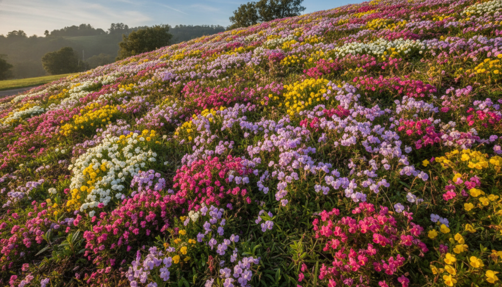A variety of groundcover plants with colorful flowers like creeping phlox and sedum growing on a gentle slope showing th