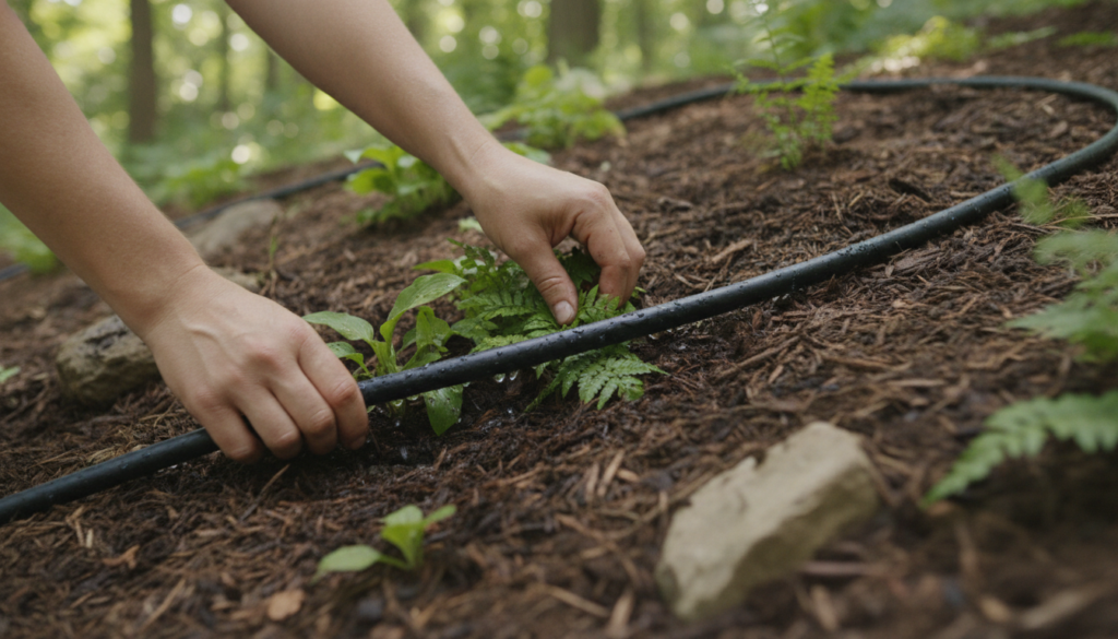 A close-up of a gardener carefully watering new plants on a mulched slope using a soaker hose showing healthy green foli