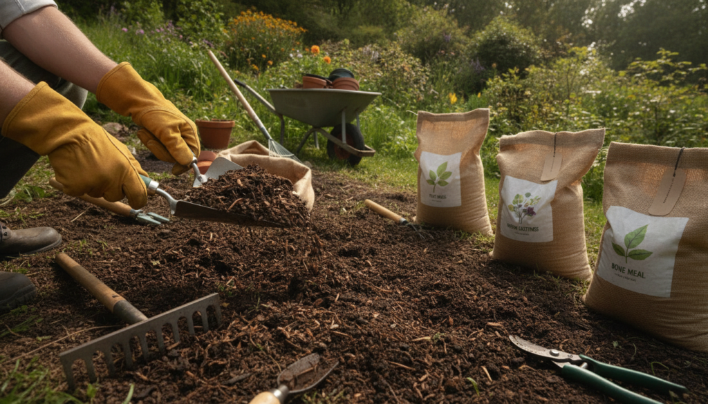 A gardener preparing soil on a gentle slope adding compost and amendments before planting showing tools and bags of soil
